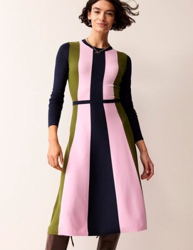 Boden Colour Block Knitted Dress in Navy, Winter Moss, Mauve Mist / colourblock fit and flare dresses - flipped
