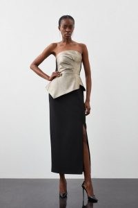 KAREN MILLEN Compact Stretch Jacquard Peplum Detail Midaxi Dress in Black ~ contemporary strapless occasion dresses
