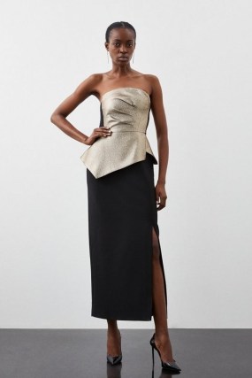 KAREN MILLEN Compact Stretch Jacquard Peplum Detail Midaxi Dress in Black ~ contemporary strapless occasion dresses
