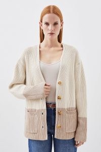 KAREN MILLEN Cotton Plaited Viscose Blend Rib Knit Colour Block Pocket Cardigan in Cream ~ women’s tonal colourblock cardigans