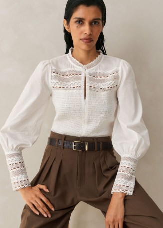 ME and EM Cotton Shirred Lace Trim Top in Soft White ~ feminine cutwork tops ~ balloon sleeve blouse - flipped