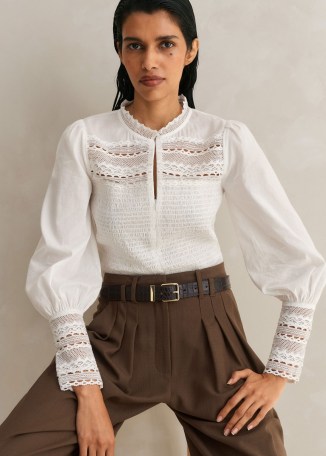 ME and EM Cotton Shirred Lace Trim Top in Soft White ~ feminine cutwork tops ~ balloon sleeve blouse