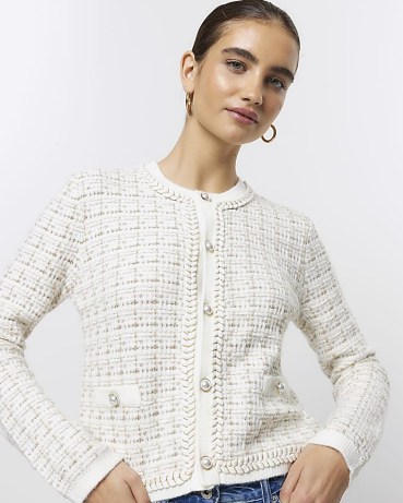 RIVER ISLAND Cream Boucle Knit Crop Cardigan ~ women’s tweed style pearl button cardigans - flipped