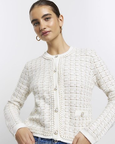 RIVER ISLAND Cream Boucle Knit Crop Cardigan ~ women’s tweed style pearl button cardigans