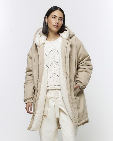 River Island Cream Faux Fur Lining Parka Coat – women’s hooded winter coats – womens parkas - flipped