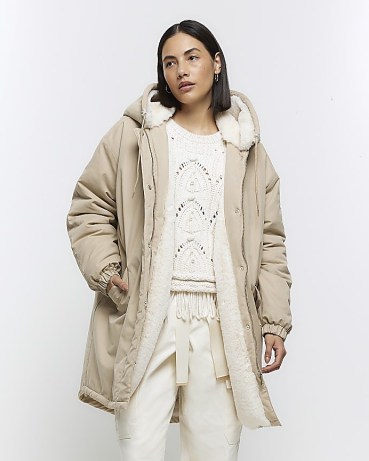 River Island Cream Faux Fur Lining Parka Coat – women’s hooded winter coats – womens parkas