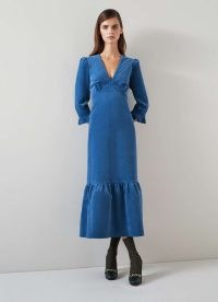 L.K. BENNETT Deborah Blue Cotton Cord Dress – women’s vintage inspired clothing – womens 1970s style corduroy dresses