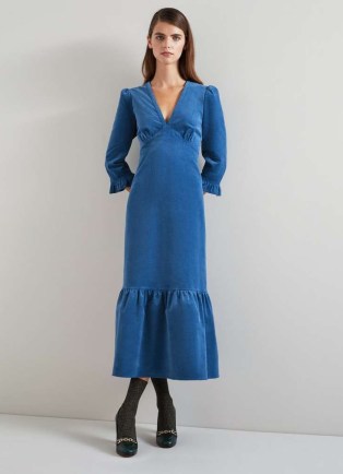 L.K. BENNETT Deborah Blue Cotton Cord Dress – women’s vintage inspired clothing – womens 1970s style corduroy dresses - flipped