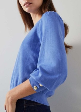L.K. BENNETT Diana Blue Cotton And Sustainably Sourced Merino Jumper – women’s balloon sleeve button detail jumpers - flipped