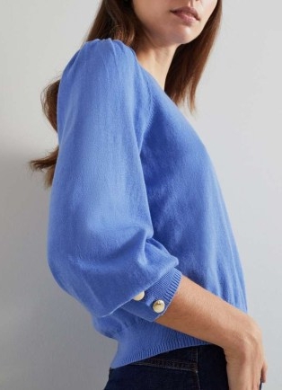 L.K. BENNETT Diana Blue Cotton And Sustainably Sourced Merino Jumper – women’s balloon sleeve button detail jumpers