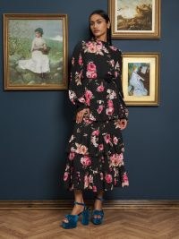 sister jane A NIGHT AT THE MUSEUM Vase of Flowers Midi Dress in Rose Black / romantic tiered floral print dresses