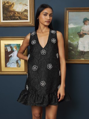 A NIGHT AT THE MUSEUM Mural Rose Mini Dress in Coal Black / sleeveless plunge front party dresses / floral beaded evening fashion / ruffled tiered hem - flipped