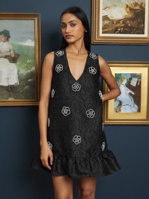 A NIGHT AT THE MUSEUM Mural Rose Mini Dress in Coal Black / sleeveless plunge front party dresses / floral beaded evening fashion / ruffled tiered hem