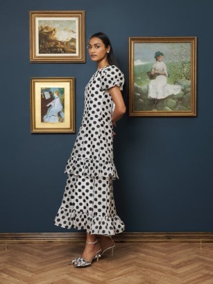 sister jane A NIGHT AT THE MUSEUM Perry Polka Dot Midi Dress in Black And White / romantic spot print dresses / ruffled occasionwear / romance inspired party fashion - flipped