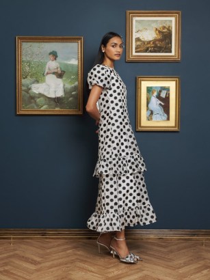 sister jane A NIGHT AT THE MUSEUM Perry Polka Dot Midi Dress in Black And White / romantic spot print dresses / ruffled occasionwear / romance inspired party fashion