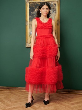 sister jane DREAM A NIGHT AT THE MUSEUM Frida Tulle Ruffle Midi Dress in Ruby Red ~ romantic semi sheer ruffled dresses - flipped