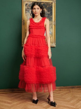sister jane DREAM A NIGHT AT THE MUSEUM Frida Tulle Ruffle Midi Dress in Ruby Red ~ romantic semi sheer ruffled dresses