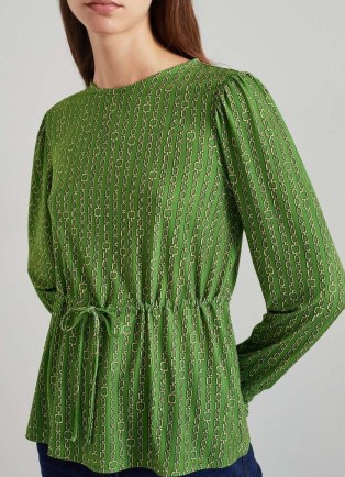 L.K. BENNETT Ellie Green Chain Print Drawstring Top ~ long sleeve tie waist tops - flipped