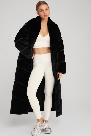 alo FAUX FUR CASCADE JACKET in BLACK – glamorous longline winter coat – luxury long length jackets – women’s oversized luxe coats - flipped