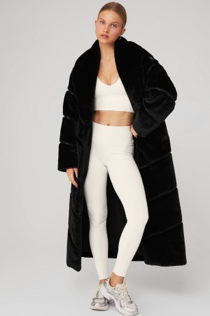 alo FAUX FUR CASCADE JACKET in BLACK – glamorous longline winter coat – luxury long length jackets – women’s oversized luxe coats