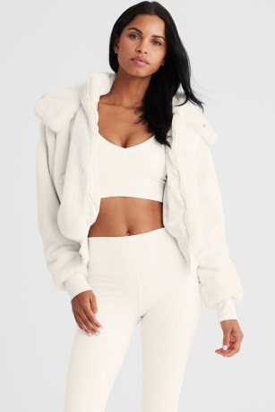 alo FAUX FUR FOXY JACKET IVORY – women’s cropped fluffy white hooded jackets – women’s luxe style winter outerwear - flipped