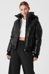 alo FAUX LEATHER BOSS PUFFER in BLACK – women’s luxe hooded zip up jackets – womens padded winter outerwear