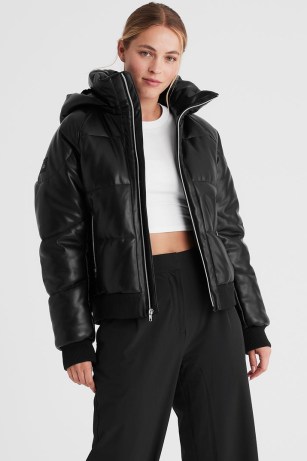 alo FAUX LEATHER BOSS PUFFER in BLACK – women’s luxe hooded zip up jackets – womens padded winter outerwear - flipped