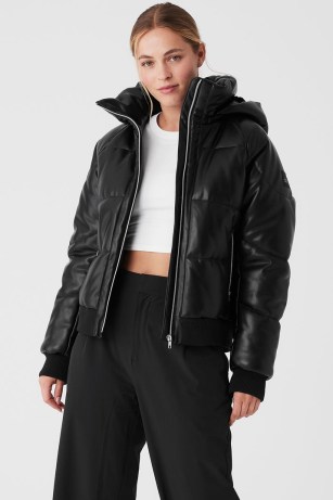 alo FAUX LEATHER BOSS PUFFER in BLACK – women’s luxe hooded zip up jackets – womens padded winter outerwear