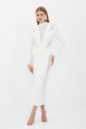 KAREN MILLEN Figure Form Bandage Mesh Detail Knit Maxi Dress in Ivory – white semi sheer panel bodycon dresses - flipped