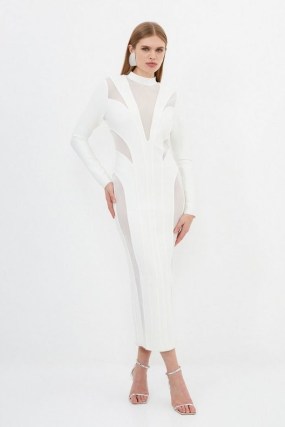 KAREN MILLEN Figure Form Bandage Mesh Detail Knit Maxi Dress in Ivory – white semi sheer panel bodycon dresses