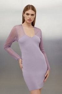 KAREN MILLEN Figure Form Filament Bandage Knit Mix Dress in Mauve / semi sheer occasion dresses / fitted party clothing / long sleeve bodycon