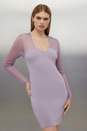 KAREN MILLEN Figure Form Filament Bandage Knit Mix Dress in Mauve / semi sheer occasion dresses / fitted party clothing / long sleeve bodycon
