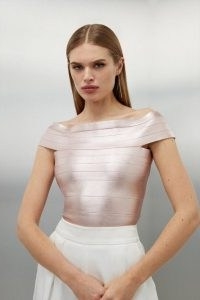 KAREN MILLEN Figure Form Foiled Bandage Bardot Knit Top in Blush / light pink off the shoulder bodycon tops / glamorous fitted evening fashion