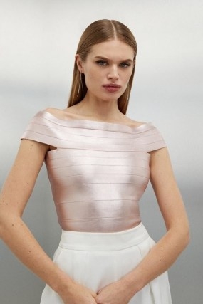 KAREN MILLEN Figure Form Foiled Bandage Bardot Knit Top in Blush / light pink off the shoulder bodycon tops / glamorous fitted evening fashion - flipped