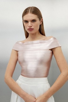 KAREN MILLEN Figure Form Foiled Bandage Bardot Knit Top in Blush / light pink off the shoulder bodycon tops / glamorous fitted evening fashion