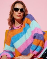 OLIVER BONAS Fluffy Rainbow Knitted Jumper in Pink | multicoloured striped jumpers | women’s balloon sleeve sweater