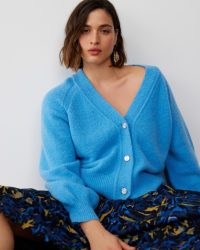 OLIVER BONAS Fluffy Stitch Blue Knitted Cardigan | women’s V-neck cardigans