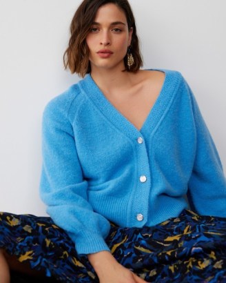 OLIVER BONAS Fluffy Stitch Blue Knitted Cardigan | women’s V-neck cardigans