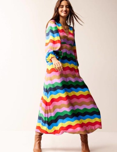 Boden Francis Empire Maxi Tea Dress in Multi, Rainbow Wave – multicoloured balloon sleeve dresses – women’s wavy print clothing - flipped