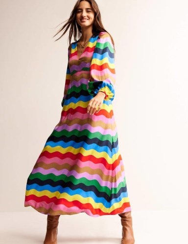 Boden Francis Empire Maxi Tea Dress in Multi, Rainbow Wave – multicoloured balloon sleeve dresses – women’s wavy print clothing