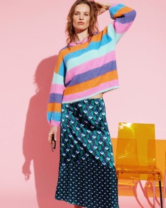 OLIVER BONAS Geometric Blue & Green Midi Slip Skirt | women’s geo print fashion | womens pull on skirts - flipped