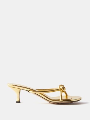 Bottega Veneta Blink 50 knot-strap gold leather sandals ~ strappy metallic knotted evening sandal ~ luxe party shoes - flipped