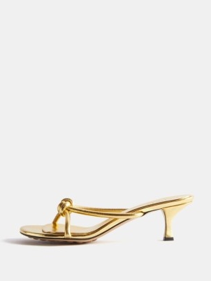 Bottega Veneta Blink 50 knot-strap gold leather sandals ~ strappy metallic knotted evening sandal ~ luxe party shoes