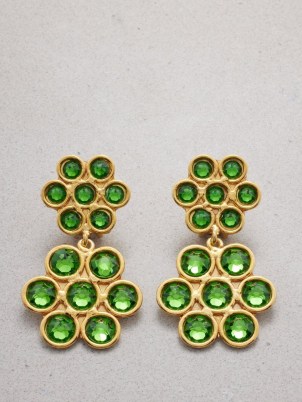 Sylvia Toledano Daisy green crystal & gold-plated clip earrings ~ statement floral drops ~ party jewellery with crystals - flipped