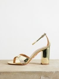 Aquazzura Divine 85 mirrored-leather sandals in gold / metallic block heel party shoes