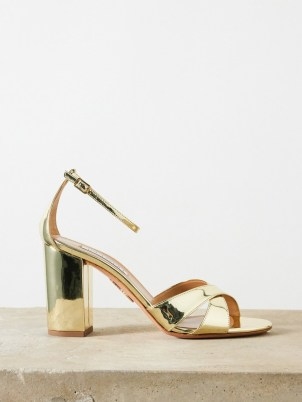 Aquazzura Divine 85 mirrored-leather sandals in gold / metallic block heel party shoes - flipped