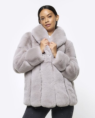 River Island Grey Panelled Faux Fur Coat – women’s fluffy winter jacket – womens glamorous coats - flipped