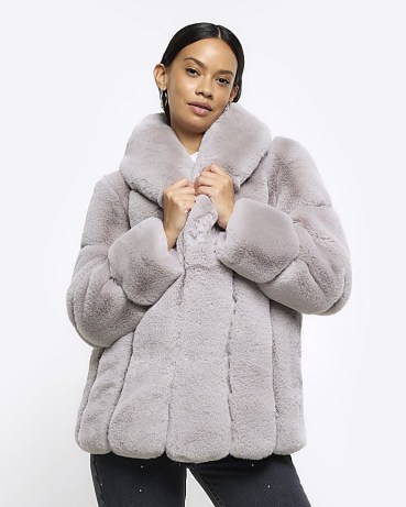 River Island Grey Panelled Faux Fur Coat – women’s fluffy winter jacket – womens glamorous coats
