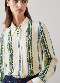 L.K. BENNETT Hardy Cream Belt Print Viscose-Silk Blend Shirt / women’s luxury printed shirts / luxe silky clothes