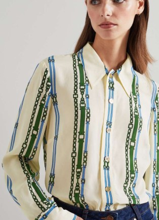 L.K. BENNETT Hardy Cream Belt Print Viscose-Silk Blend Shirt / women’s luxury printed shirts / luxe silky clothes - flipped